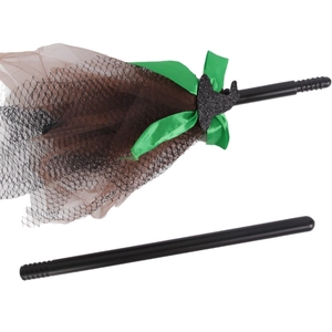Halloween witch broom with green ribbon and mesh bristles for kids cosplay parties