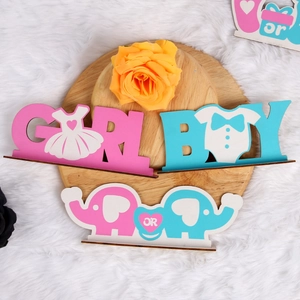 Gender Reveal wooden table decor set featuring blue BOY and pink GIRL elephant signs
