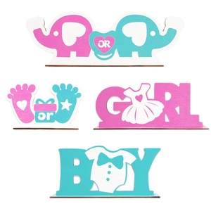 Gender reveal party wooden desk ornaments set with Boy or Girl letters and elephant motif