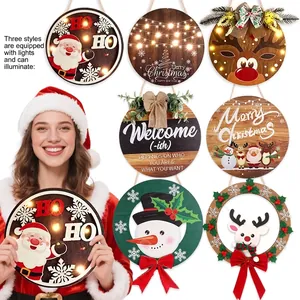 Christmas Wooden Hanging Sign LED Light Up Reindeer Santa Snowman Welcome Door Plaque Merry Christmas Party Home Wall Decor