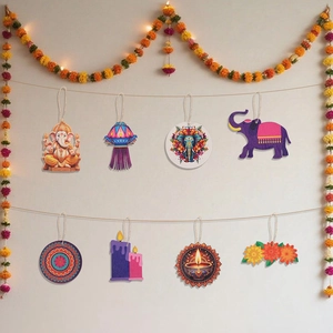Lot de 8 suspensions Diwali en bois avec motifs Ganesha et Diya pour décoration de fête