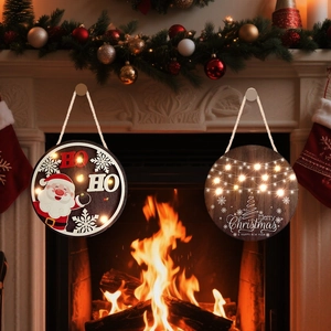 Wooden Christmas door signs with LED lights featuring Santa and Merry Christmas lettering
