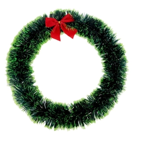 Classic dark green Christmas wreath with a red silk bow and glossy tinsel texture