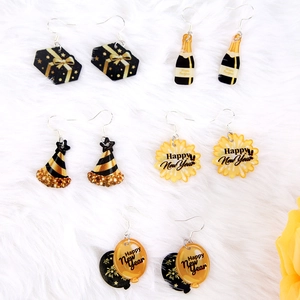 Orecchini Pendenti in Acrilico a Tema Capodanno Happy New Year Champagne Palloncino Scatola Regalo Celebrazione Gioielli Donna
