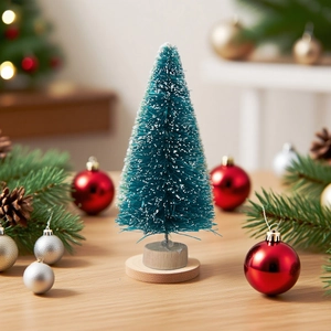 Mini albero di Natale in sisal blu con effetto neve e base in legno per scrivania