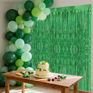 Green laser foil fringe curtain with balloon arch set for party backdrop decoration