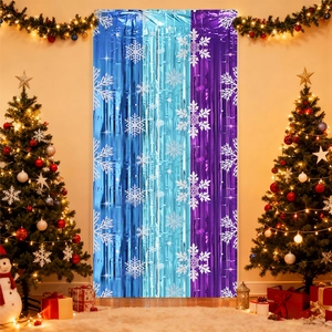 Rideau à Franges Métallique Imprimé Flocons de Neige Fond de Scène pour Noël Anniversaire Fête Décoration Murale