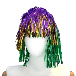 Colorful Tinsel Wig with purple gold green fringes for Carnival and party costume