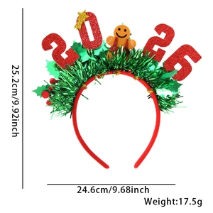 Dimensions détaillées du serre-tête Noël 2025 avec guirlande verte et bonhomme de pain
