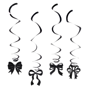 Set of 4 black spiral hanging decorations with glittery bow tie designs for party events