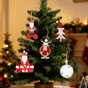 Five-piece wooden Christmas tree ornaments with Santa and reindeer designs hanging on a branch