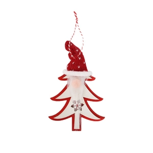 Christmas wooden tree gnome ornament with red knit hat and white snowflake pattern