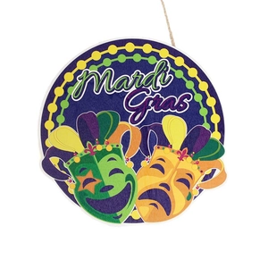 Mardi Gras themed wooden round hanging sign with festive masks and jute rope