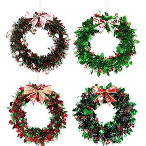 Artificial Christmas Wreath Door Hanging Decoration With Red Bow Berry Snowman Green Tinsel Garland For Xmas Holiday Home Party Decor
