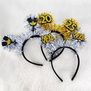 2025 New Year tinsel headband set in gold and silver glitter for holiday party props