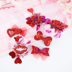 Lot de 6 barrettes de la Saint-Valentin avec motifs cœurs et nœuds rouges et roses