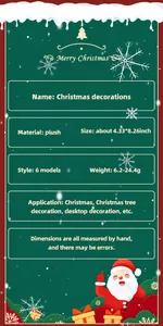 Detailed size chart for plush Christmas tree ornaments in six different styles
