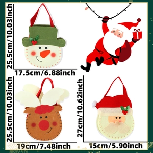 Detail view of Christmas felt candy bags featuring Santa, snowman, and reindeer shapes