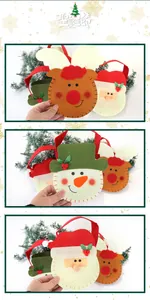 Detailed view of Christmas felt candy bags with Santa, reindeer and snowman designs