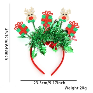 Cerchietto natalizio con renna, scatola regalo rossa e festoni verdi, altezza 24,1cm e 20g