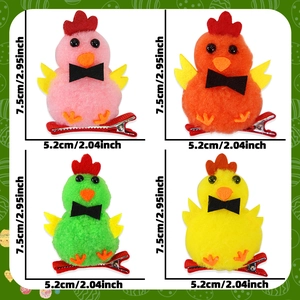 Detail showing dimensions of 7.5cm plush chick hair clips in four bright colors