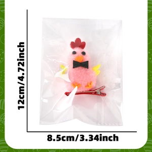 Detail showing pink plush chick hair clip in packaging with 12x8.5cm size markers