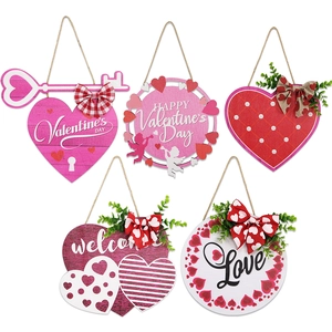 Valentine's Day Wooden Heart Welcome Door Sign Hanging Plaque Romantic Love Cupid Key Shape Wood Ornament Home Party Wall Decor