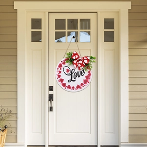 Valentine's Day Love round wooden door sign with red heart prints and a large bow decor