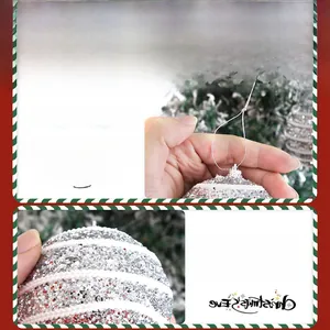 Detail of silver Christmas ball with white spiral stripes and sparkling glitter texture