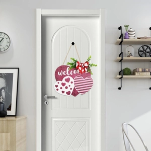 Romantic red heart wooden welcome door sign with green leaves and polka dot bow