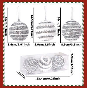 Detailed size chart for silver and white festive ornaments in a clear gift box