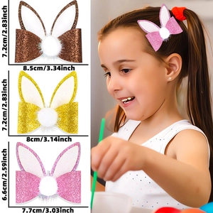 Easter glitter bunny ear hair clips set for kids with bowknot and plush ball details