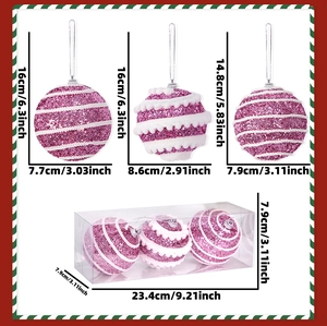 Detailed dimensions of pink sequined Christmas ornaments in a transparent gift box set