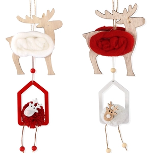Ornements de Noël en bois avec rennes, pompons en peluche et cadre de maisonnette