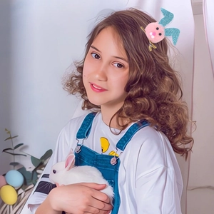 Pink plush bunny ear hair clip for girls with blue glitter and gold metal duckbill clamp