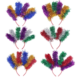 Set of 6 colorful Mardi Gras tinsel headbands with green, gold and purple foil fringe
