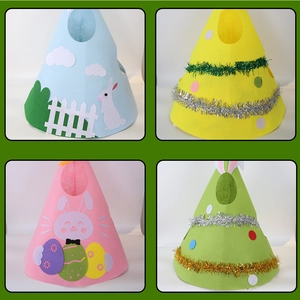 Four different styles of colorful felt Easter party hats for pets with bunny and egg motifs