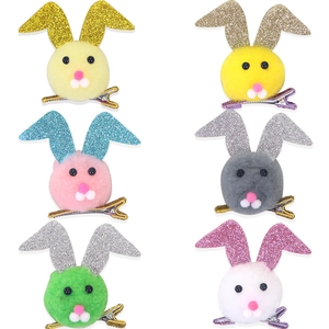 Set of 6 colorful plush bunny hair clips with sequin ears for girls' Easter parties