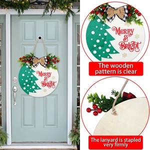 Letrero navideño redondo de madera para puerta con texto Merry and Bright y pinos
