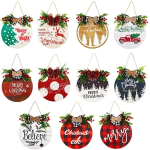 Carteles navideños rústicos de madera para puertas con renos, árboles y lazos a cuadros