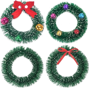 Set di quattro mini ghirlande natalizie innevate con fiocchi rossi e campanellini colorati