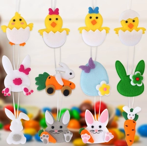 Detailed assortment of 12 colorful Easter felt ornaments with chicks and bunnies