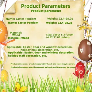 Easter wooden pendant product dimensions and weight details on vintage floral background