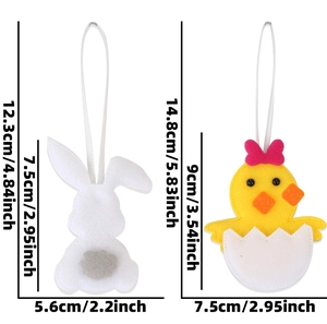 Detailed view of Easter bunny and chick plush pendants with precise size measurements