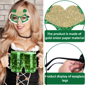 Détails des lunettes Saint-Patrick montrant le trèfle vert pailleté et la branche