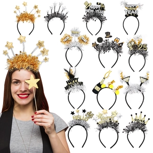 Detailed set of 12 New Year 2025 party headbands with gold and silver glitter designs