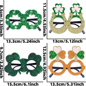 Détail de quatre montures de lunettes trèfle à paillettes St Patrick avec dimensions
