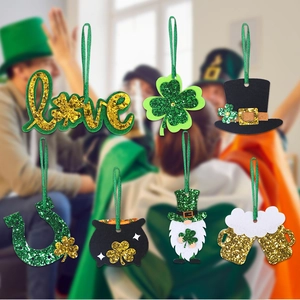 Detail view of festive St. Patrick's Day felt pendants featuring clover and lucky charms