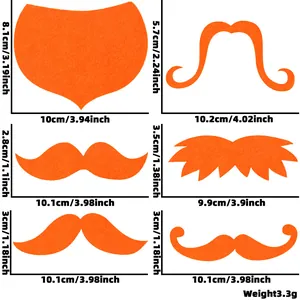 Size chart showing six orange fake mustache styles for St. Patrick's Day party props