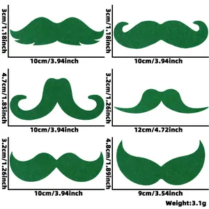 Detailed size chart for St. Patrick's Day faux mustaches in various shapes and measurements